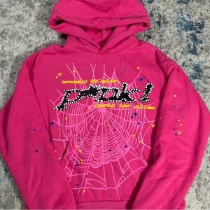 Hot Pink Graphic Hoodie with Spiderweb & Sparkle Detail